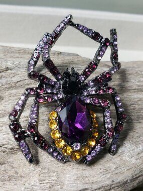 Spider Brooch Rhinestone Pin Tarantula Purple Orange Stylish Glam Sparkle Bold